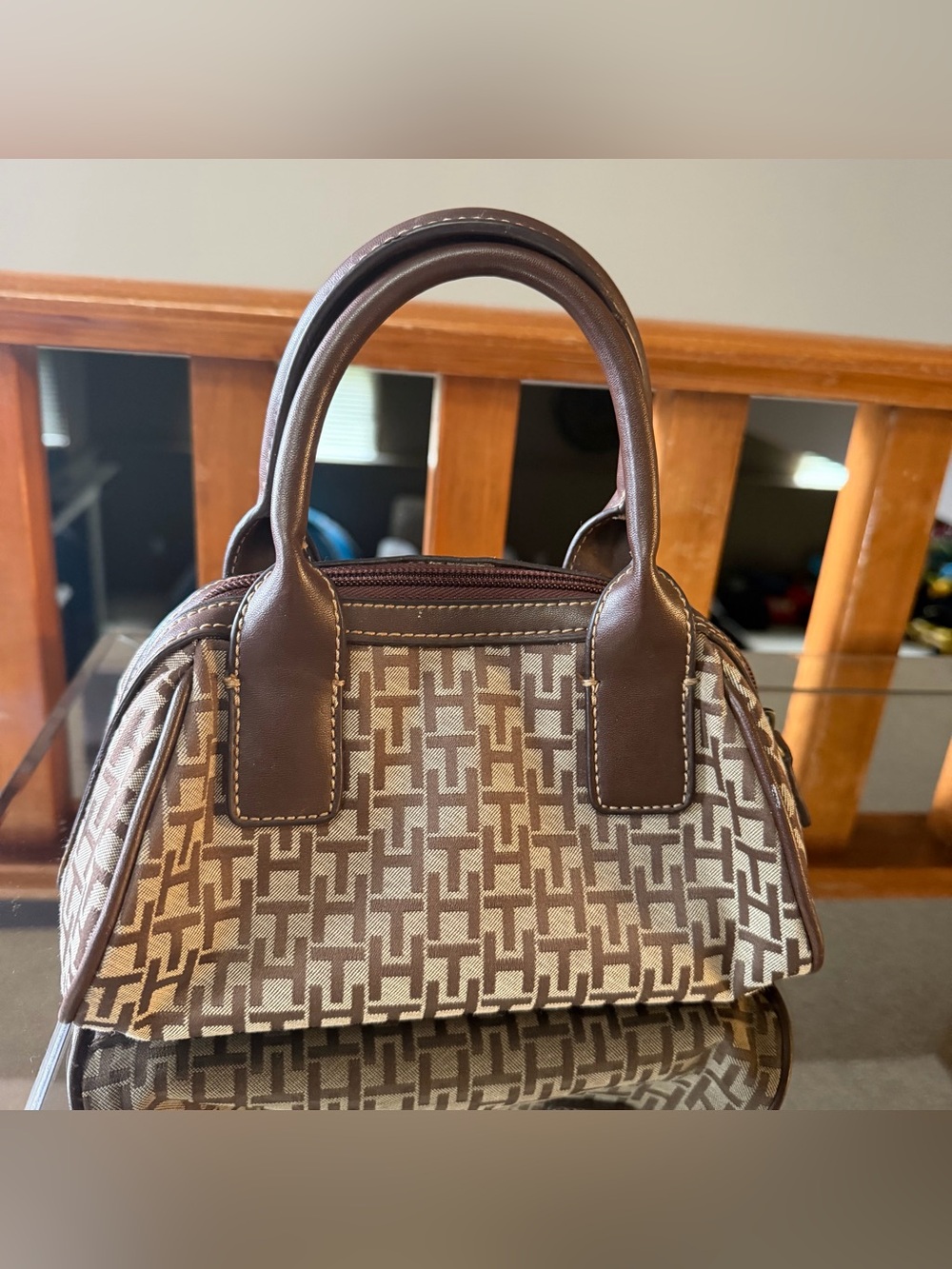 Vintage Tommy Hilfiger Brown Patterned Canvas Satchel with Red Stripe - Picture 2 of 7